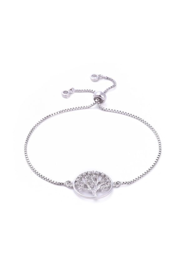 5pcs Adjustable Brass Slider Bracelets Bolo Bracelets with Brass Micro Pave Cubic Zirconia Links Flat Round with Tree Clear Platinum 11-1/4 inch(28.5cm)