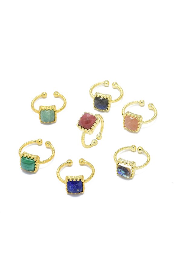 5pcs Adjustable Natural Gemstone Finger Rings with Brass Findings Square Golden Size 7 17.5~18.5mm