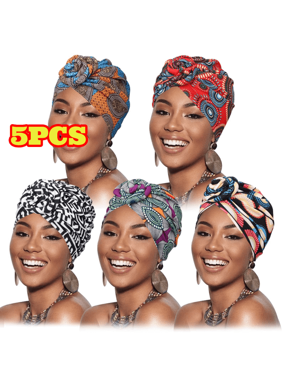5pcs African Pattern Head Wraps, Pre-Tied Bonnet Turban, Knotted Beanie Head Cap for Women