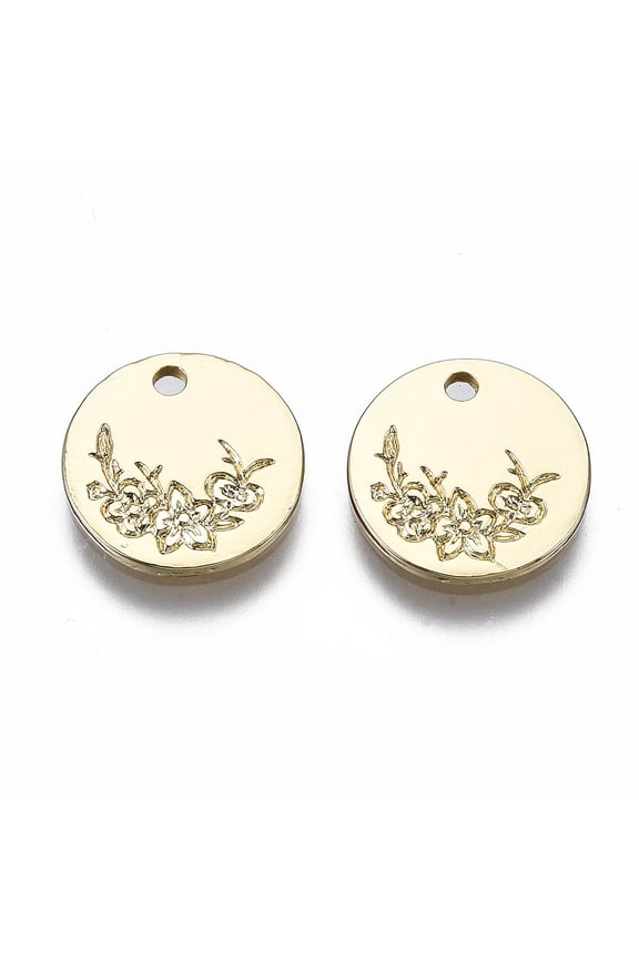 5pcs Alloy Charms Cadmium Free & Nickel Free & Lead Free Flat Round with Flower Real 16K Gold Plated 12x1.5mm Hole: 1.5mm