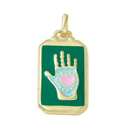 5pcs Alloy Enamel Pendants Rectangle Tarot Pattern Charm Golden Dark Green Hand Heart 26x14x2mm Hole: 2x3mm