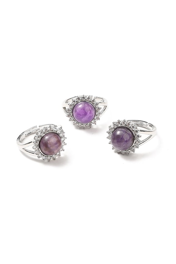 5pcs Amethyst Adjustable Rings Tone Flower Brass Rhinestone Rings for Women Cadmium Free & Lead Free Size 8(18.1mm) 2.5~8mm