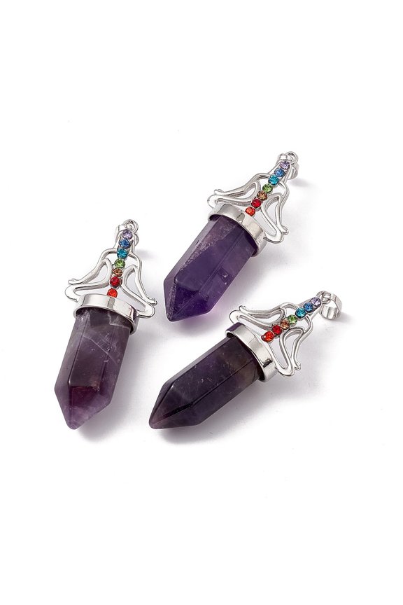 5pcs Amethyst Big Pointed Pendants 7 Faceted with Brass Findings and Colorful Rhinestone Cadmium Free & Lead Free 55x22.5x16mm Hole: 8x5mm