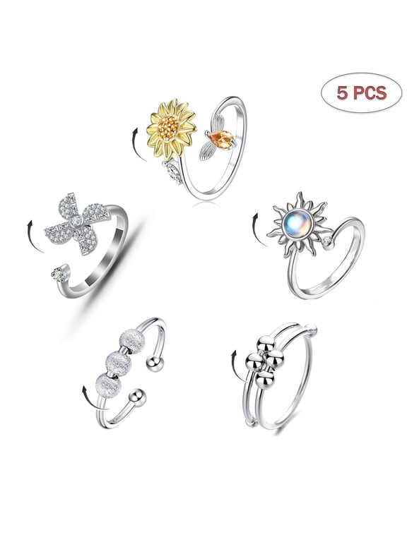 5pcs Anxiety Rings Rotatable Fidget Stress Relief Open Finger Rings Adjustable Spinner Rings Gift for Men Women
