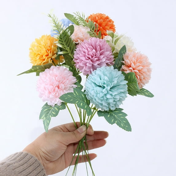5pcs Artificial Chrysanthemum Ball Flowers Bouquets for Bride Single Stem Plastic Hydrangea Silk Flowers for Wedding Bouquets Centerpieces Arrangements Party Home Garden Decor