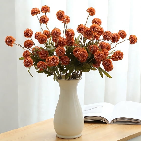 5pcs Artificial Flowers Faux Silk Pompon Mum,Silk Small Mini Chrysanthemum Ball with Stems for DIY Wedding Bouquets Centerpieces Vase Home Table Kitchen Decorations