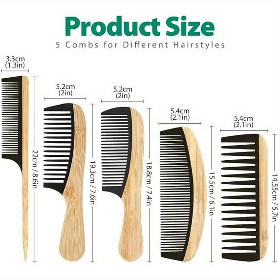 5pcs Bamboo Anti-Static Hair Combs Barber Shop Home Hairdressing Comb Pointed Tail Hair Style Combs for Women and Men