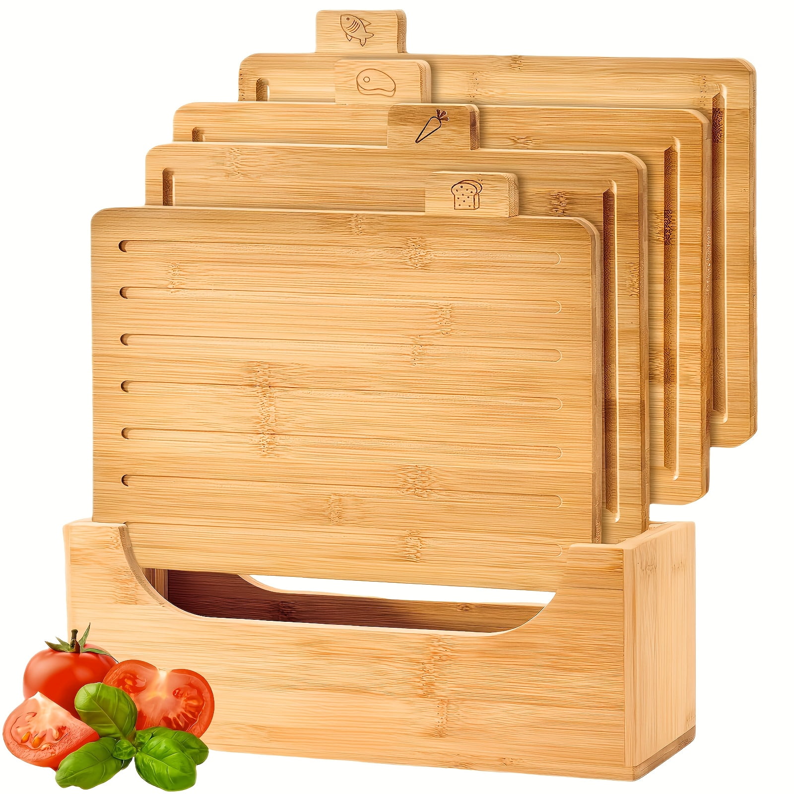 5pcs Bamboo Cutting Board Set with Stand - Food Safe Artificial Wood with Juice Groove & Food Icons for Meat Fish Bread Vegetables Fruits, Kitchen Essentials for Holidays Food Preparation