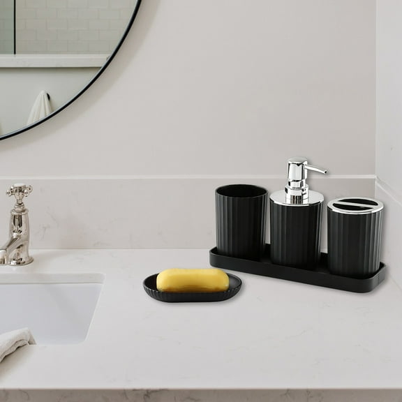 5pcs Bathroom Grooming Set - Toothbrush Cup Organizer & Hotel-Style Tray Set, Stylish Bathroom Wash & Grooming Accessories, Durable Countertop Organizer for Home & Guest Bathrooms, Black