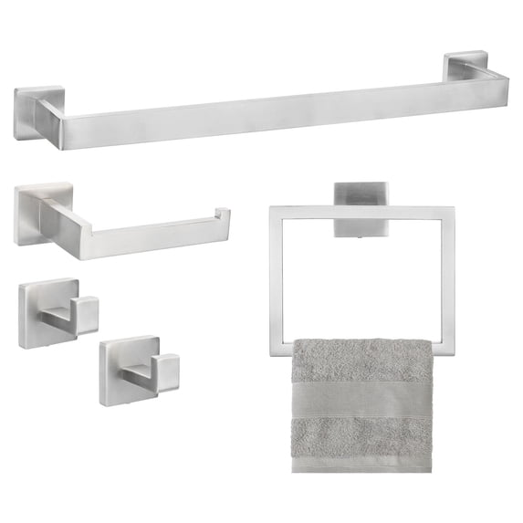 5pcs Bathroom Hardware Set, 23.6Inch Stainless Steel Towel Bar Set, Toilet Paper Holder, 2 Towel Hook Wall Mount Silver