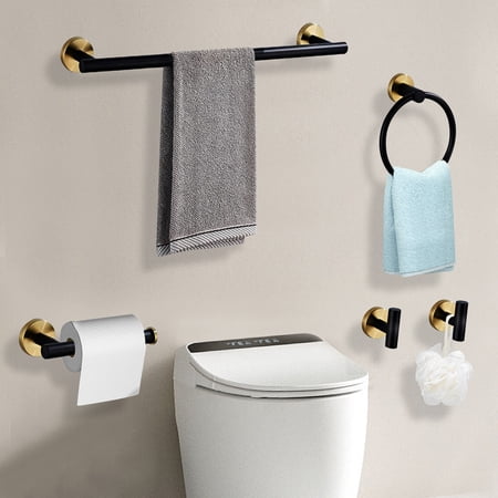 5pcs Bathroom Hardware Set Wall Mounted Towel Rack Bar Ring Toilet Paper Holder