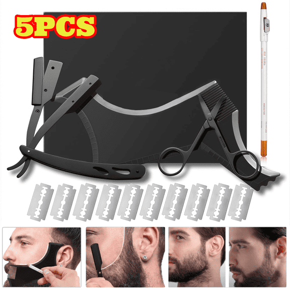 5pcs Beard Shaping Tools, Including Template Guide, Straight Edge Razor, Double Edge Blade, Barber Pencil, Stainless Steel Scissors
