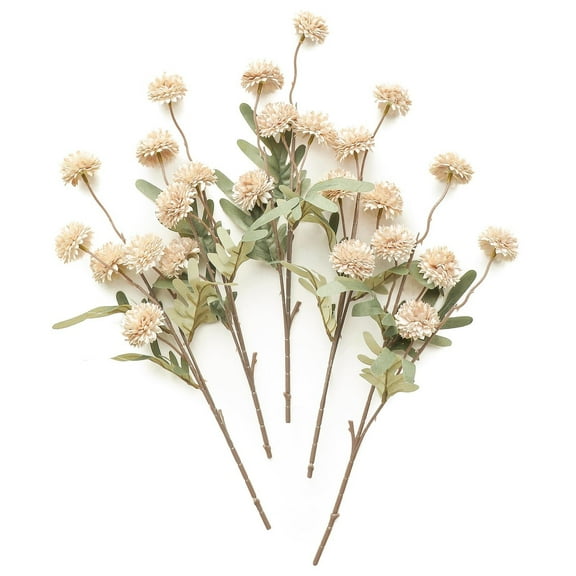 5pcs Beige Faux Silk Mums Artificial Flowers, Bulk Fake Small Mini Chrysanthemums with Stems for DIY Champagne Wedding Centerpieces Floral Arrangements Vase Fillers Home Decorations