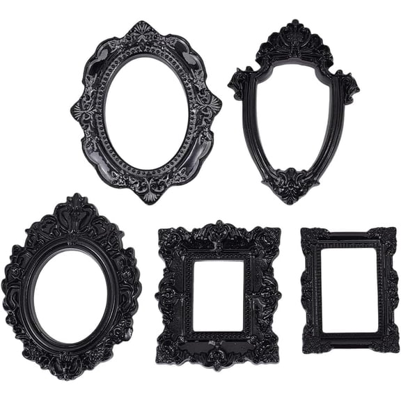 5pcs Black Mini Resin Picture Frames A-E Assorted Vintage Baroque Display Frames for Crafts and Decor