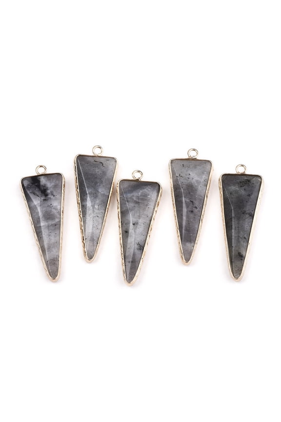 5pcs Black Moonstone Pointed Pendants with Light golden Brass Edge and Loop Triangle Faceted 45.5x16.5x6~7mm Hole: 2.5mm