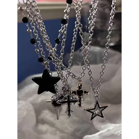 5pcs Black Vintage Punk Grunge Heart Cross Star Pendant Necklace Set Unisex Y2K EMO Aesthetic