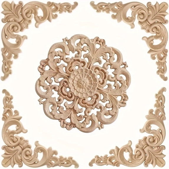 5pcs Boho Chic Wooden Carved Appliques, Decorative Wood Appliques For Furniture, Wooden Appliques, Appliques Embellishments, Rustic Boho Chic Decor, Ideal For Doors, Walls, Cabinets & DIY Home Decor