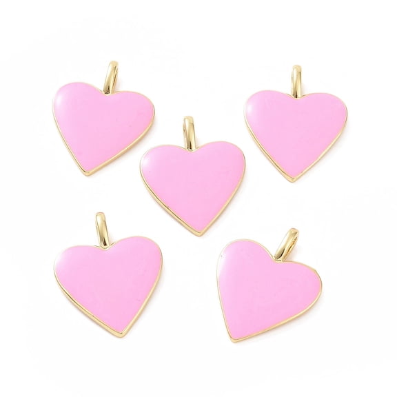 5pcs Brass Enamel Pendants Long-Lasting Plated Real 18K golden Plated Heart Pink 24x19x1.5mm Hole: 6x3mm
