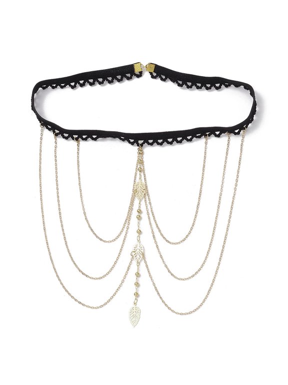 5pcs Brass Layered Leaf Tassel Thigh Leg Chains Black Elastic Stretch Body Jewelry for Women Golden 360mm Brass