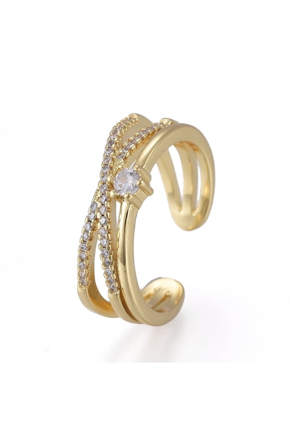 5pcs Brass Micro Pave Clear Cubic Zirconia Cuff Rings Open Rings Criss Cross Rings Double Rings X Ring Long-Lasting golden Inner Diameter: 18mm