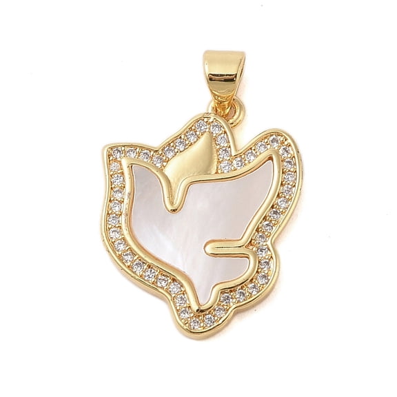 5pcs Brass Micro Pave Clear Cubic Zirconia Pendants Cadmium Free & Lead Free with Shell Peace Dove Real 18K golden Plated 23.5x18.5x3mm Hole: 3.5x3mm