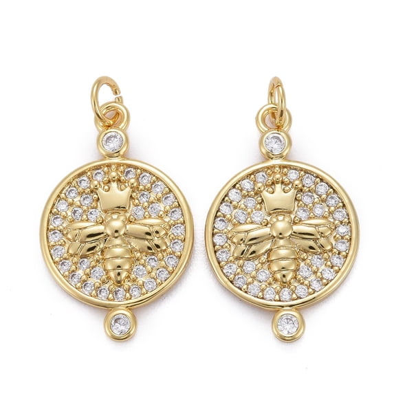 5pcs Brass Micro Pave Clear Cubic Zirconia Pendants Long-Lasting Plated with Jump Rings Flat Round with Bee Real 18K golden Plated 20x12x2mm