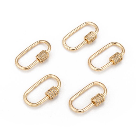 5pcs Brass Micro Pave Clear Cubic Zirconia Screw Carabiner Lock Charms for Necklaces Making Cadmium Free & Lead Free Quick Links Oval Golden 24.5~26x15.5x1.5mm Screw: 6.5x6mm
