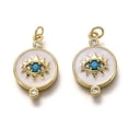 thumbnail image 1 of 5pcs Brass Micro Pave Clear & Deep Sky Blue Cubic Zirconia Pendants Long-Lasting with Jump Rings & White Enamel Flat Round with Eye golden 20x13x2.1mm Hole: 2.5mm, 1 of 3