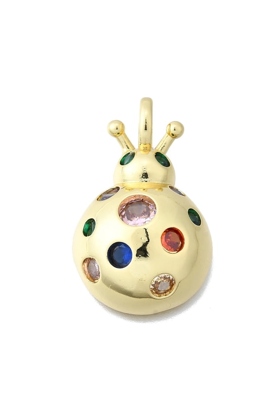 5pcs Brass Micro Pave Colorful Cubic Zirconia Pendants Cadmium Free & Lead Free Ladybug Real 16K Gold Plated 33x21x9mm Hole: 5.5mm