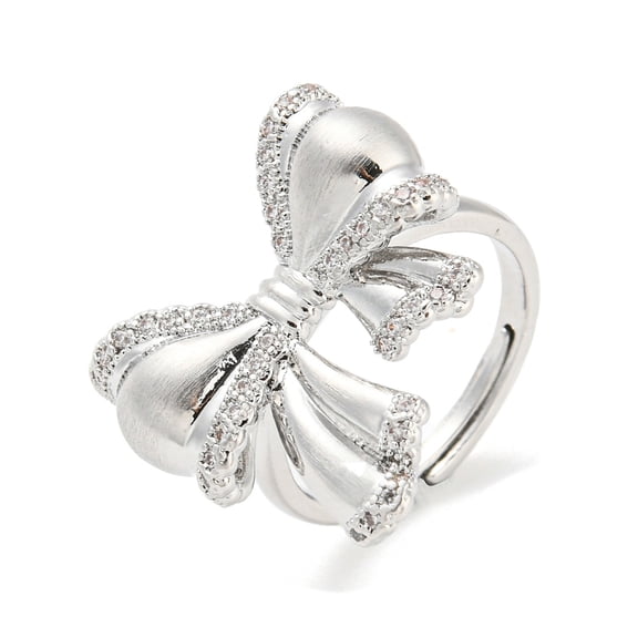 5pcs Brass Micro Pave Cubic Zirconia Adjustable Rings Cadmium Free & Nickel Free & Lead Free Bowknot Real Platinum Plated Inner Diameter: 17.4mm