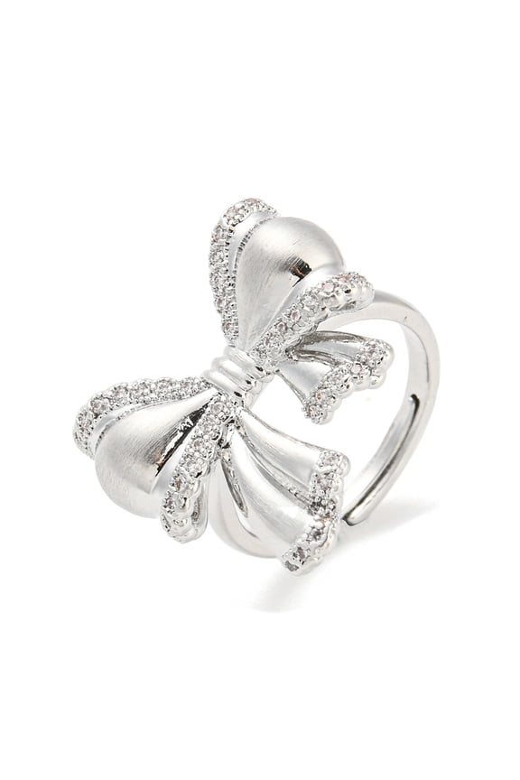 5pcs Brass Micro Pave Cubic Zirconia Adjustable Rings Cadmium Free & Nickel Free & Lead Free Bowknot Real Platinum Plated Inner Diameter: 17.4mm