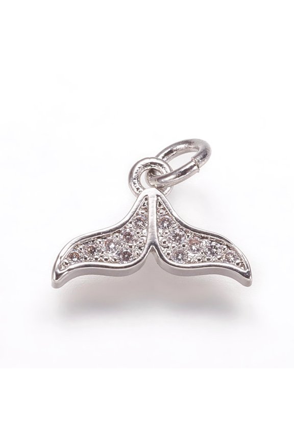 5pcs Brass Micro Pave Cubic Zirconia Charms Pendants Whale Tail Shape Platinum 9x13x2mm Hole: 3mm