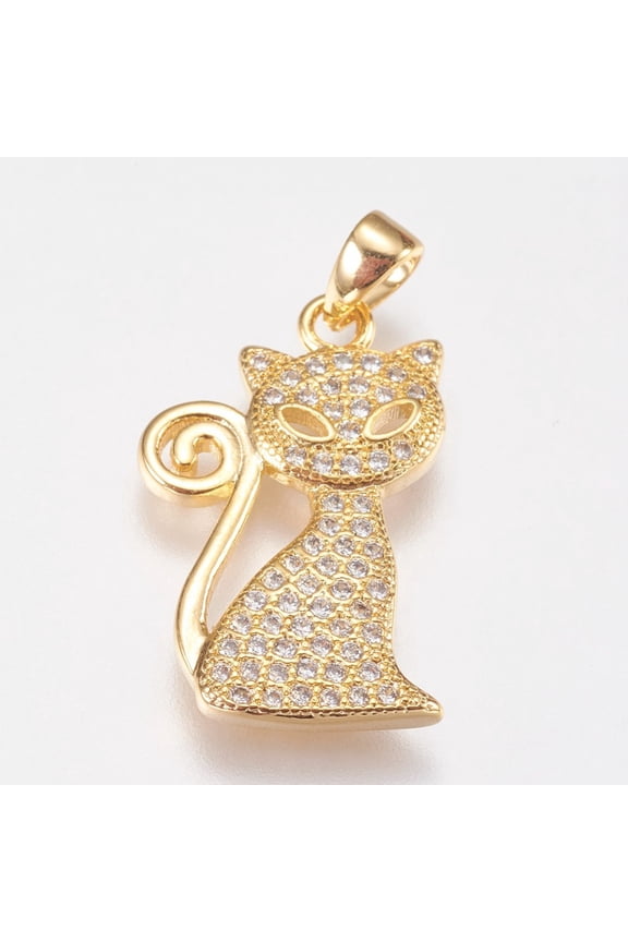 5pcs Brass Micro Pave Cubic Zirconia Kitten Pendants Cartoon Cat Shape Golden 20.5x13x2mm Hole: 2.5x4mm