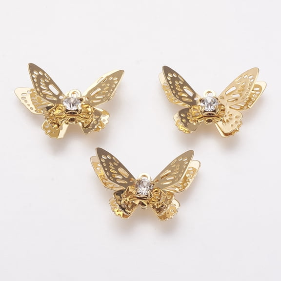 5pcs Brass Micro Pave Cubic Zirconia Pendants Cadmium Free & Nickel Free & Lead Free golden Butterfly 13.5x20x4mm Hole: 1mm