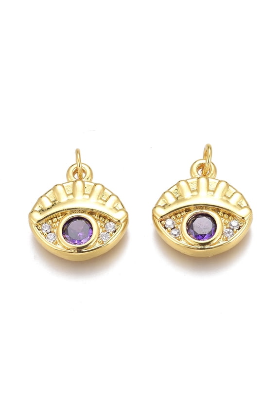 5pcs Brass Micro Pave Purple Cubic Zirconia Long-Lasting With Jump Rings Eye golden 13x12.5x3mm Hole: 2mm Jump Ring: 4x0.5mm