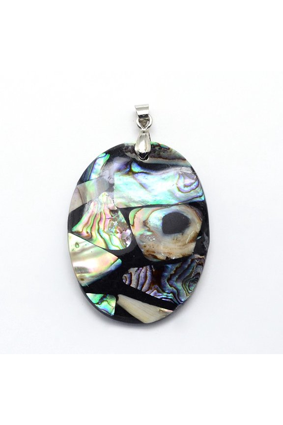 5pcs Brass Paua Shell Oval Pendants Undyed 40x31x5mm Hole: 4mm