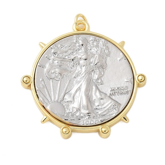5pcs Brass Pendants Flat Round with Coin Rack Plating Cadmium Free & Lead Free Long-Lasting Plated Platinum & Golden 38x35x4.5mm