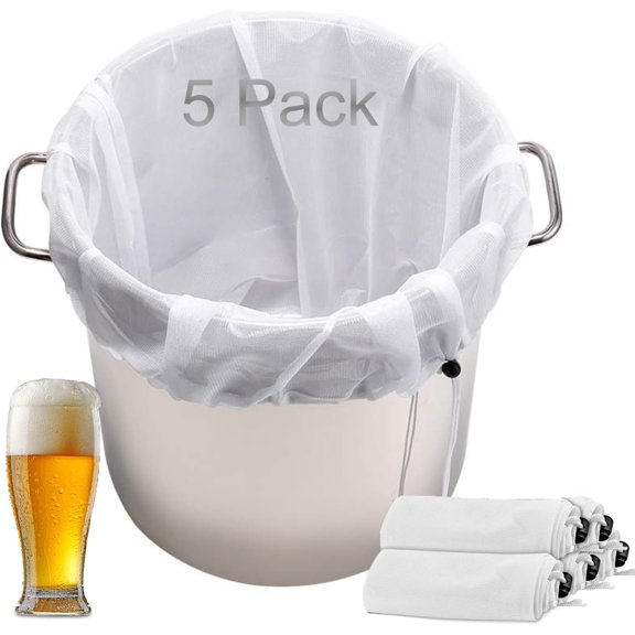 5pcs Brew Bags, Reusable Fine Mesh Straining Bag for Home Brewing, Fruit Cider Apple Coffee Wine Press, Durable Nylon Strainer Bag Easy to Use with Drawstring Brew in a Bag (18.5"15")