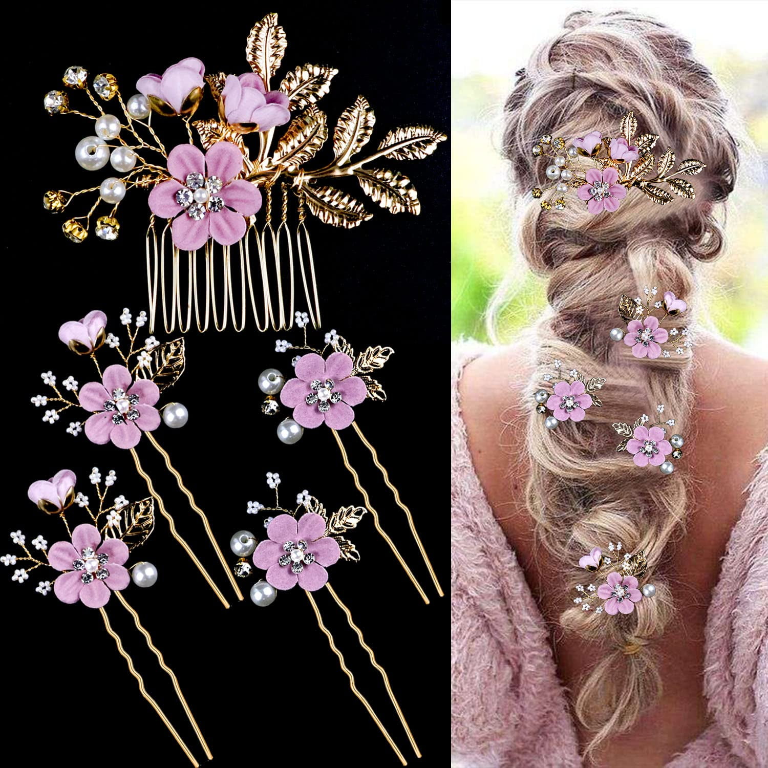 5pcs Bridal Flower Wedding Hair Pins Crystal Pearl Hair 