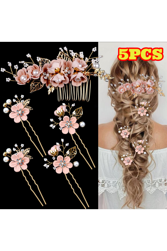 5pcs Bridal Flower Wedding Hair Pins, Crystal Pearl Hair Combs Clips Headpiece, Gold Wedding Hair Accessories Jewelry with Rhinestone for Brides Bridesmaids Women Updo