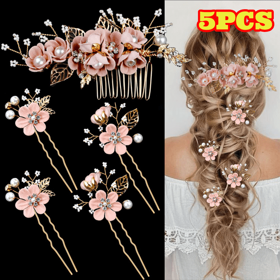 5pcs Bridal Flower Wedding Hair Pins, Crystal Pearl Hair Combs Clips Headpiece, Gold Wedding Hair Accessories Jewelry with Rhinestone for Brides Bridesmaids Women Updo