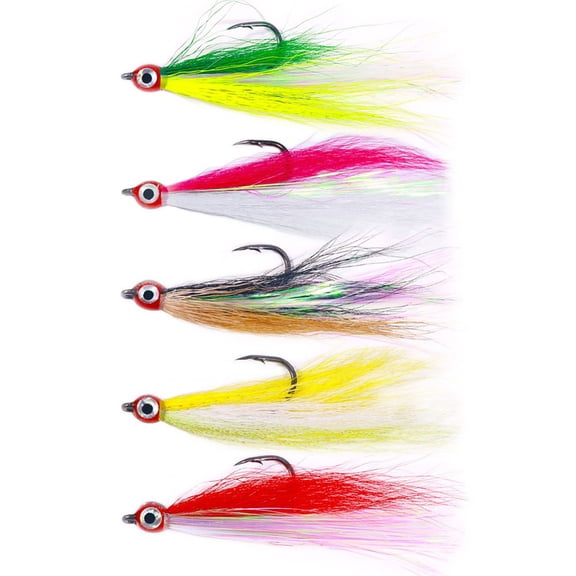5pcs Bucktail Teaser Hooks with Feather Skirt, High Carbon Steel Jig Lures for Inshore Offshore Surf Fishing, Realistic Swimming Action for Striper Sea Trout, Mixed Colors