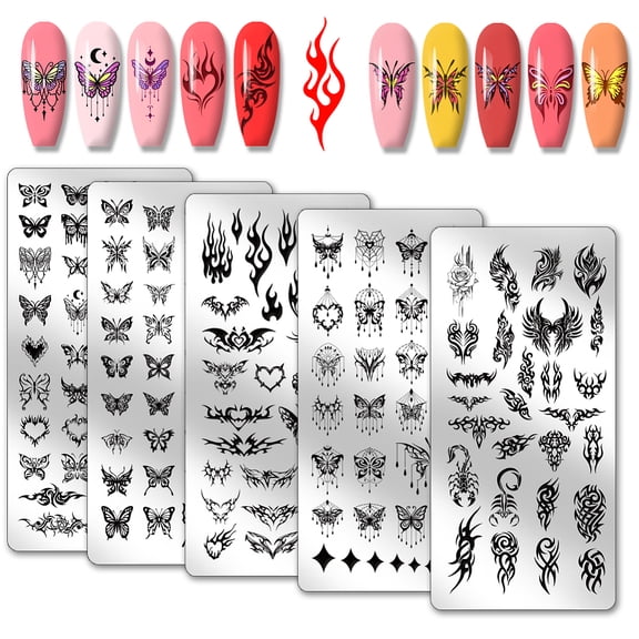 5pcs Butterfly Nail Stamping Plates Angel Wings Nails Art Stencils Flame Pattern Manicure Art Templates Fire Heart Print Nail Stencils DIY