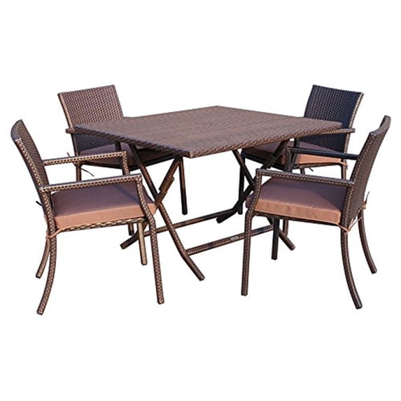 5pcs Cafe Square Back Chairs and Folding Wicker Table Dining Set - Brown Cushions