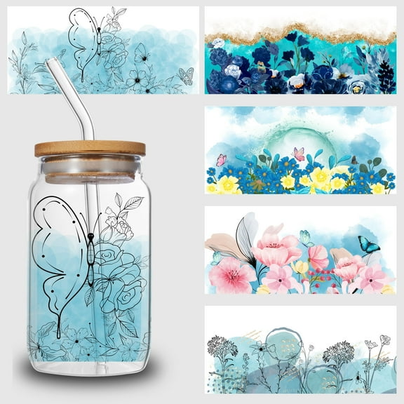 5pcs Cartoon Printed Colorful Logo DIY UV DTF Transfer Stickers for Glass Cups, Waterproof Decals, Plastic Self-adhesive Labels for Bottles and Cups Decoration