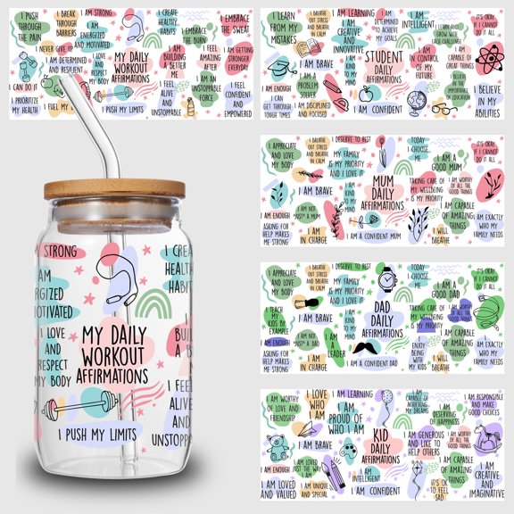 5pcs Cartoon Printed Colorful Logo DIY UV DTF Transfer Stickers for Glass Cups, Waterproof Decals, Plastic Self-adhesive Labels for Bottles and Cups Decoration