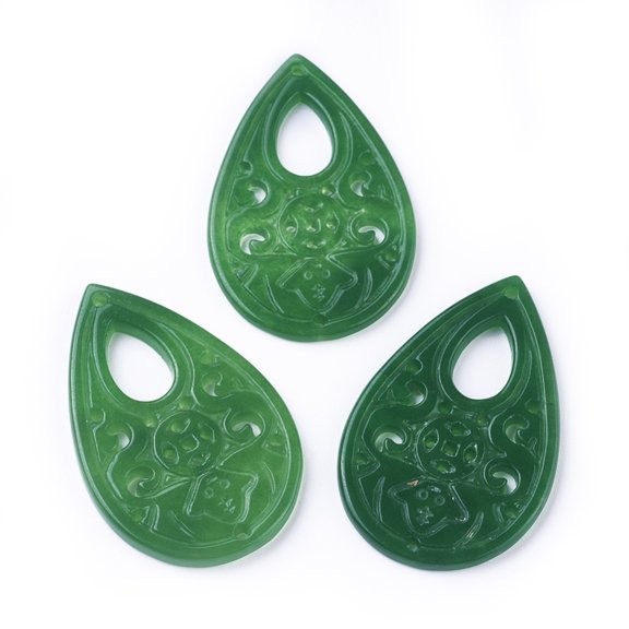 5pcs Carved White Pendants Dyed Teardrop Green 41~41.5x27x2~3mm Hole: 1.2~1.4mm