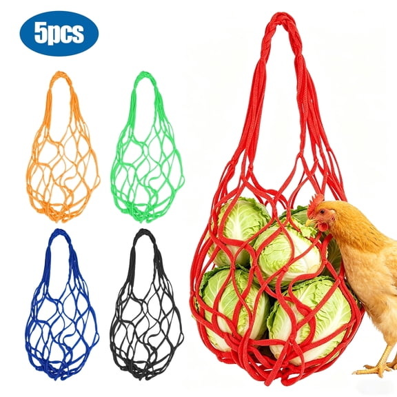 5pcs Chicken Vegetable Hanging Feeder, TSV Reusable Poultry String Bag for Chicken Hens Ducks, No Mess Lettuce Cabbage Feeder for Enrichment