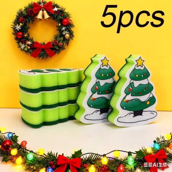 5pcs Christmas Cleaning Sponge Set - Festive Dish Towels & Scouring Pads for Kitchen, Restaurant, Hotel, and Bathroom Hygiene