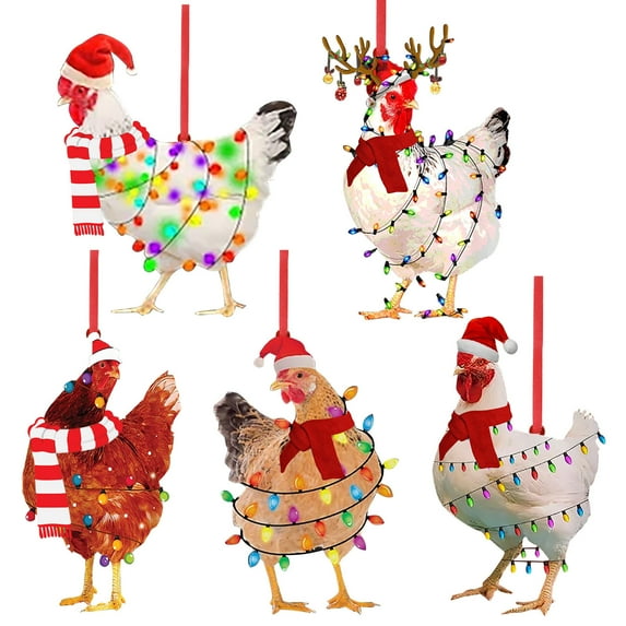 WORGEOUS Assorted Color Christmas Chicken Hanging Ornaments Set of 5 Synthetic Material Holiday Decorations